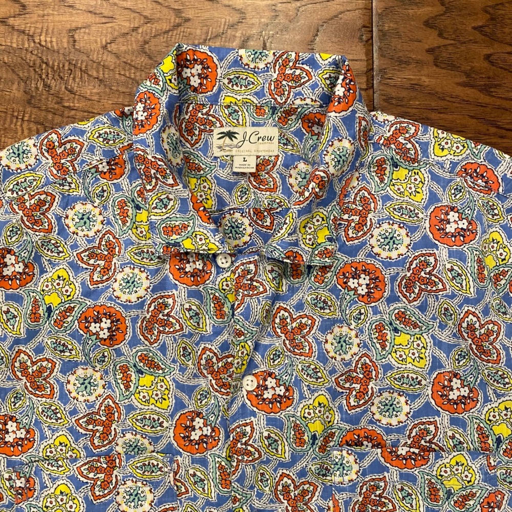 J. Crew Paisley Floral Button Down Shirt Mens Large Blue Orange Short Sleeve